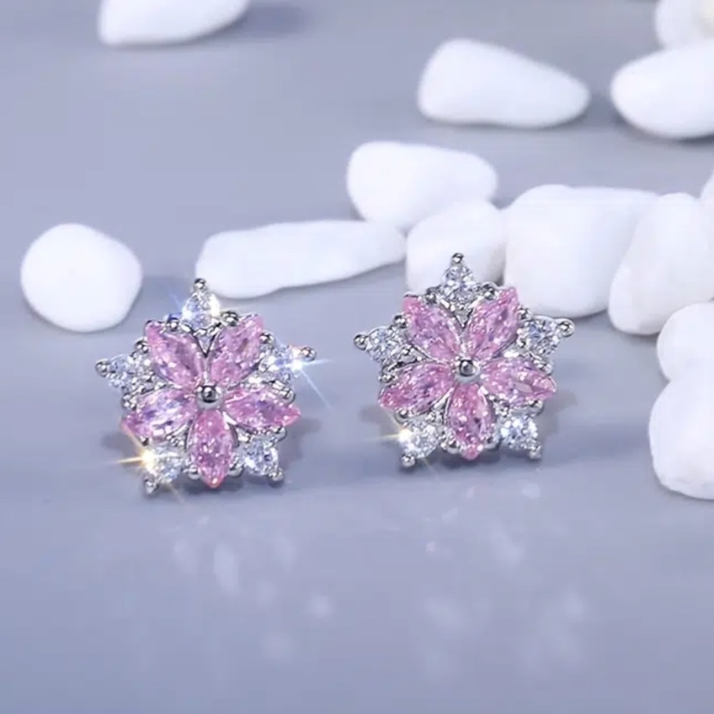 925 Silver Plated Crystal Pink Flower Earrings Gift for Her